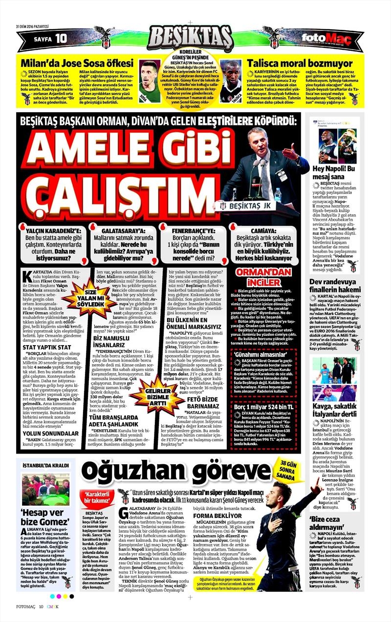 31 Ekim 2016 | Gazetelerin Beşiktaş sayfaları - Görsel 4