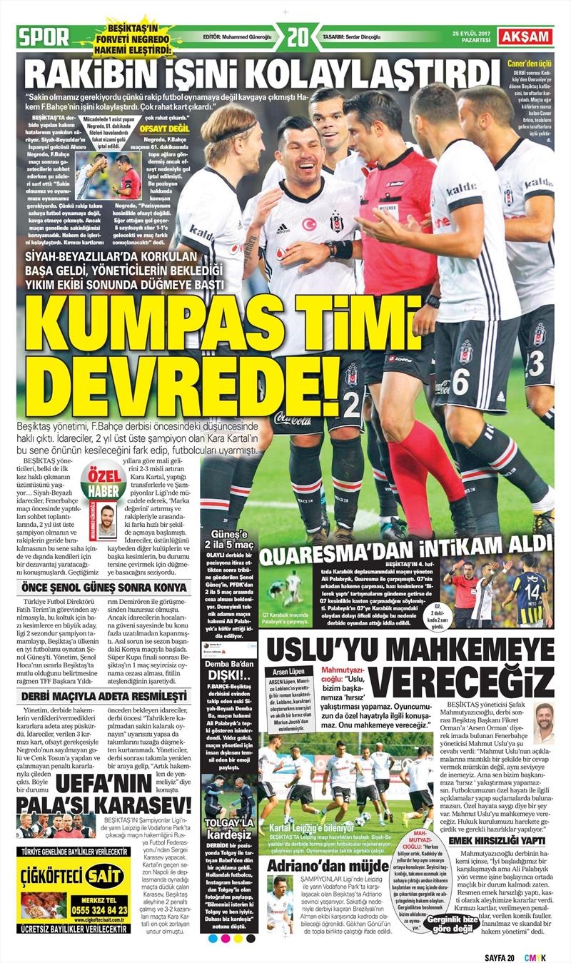 25 Eylül 2017 | Gazetelerin Beşiktaş Manşetleri - Görsel 1