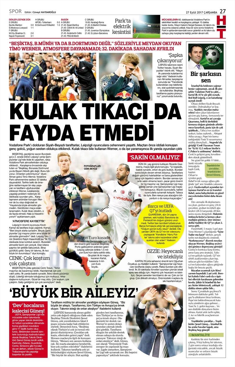 27 Eylül 2017 | Gazetelerin Beşiktaş Manşetleri - Görsel 12