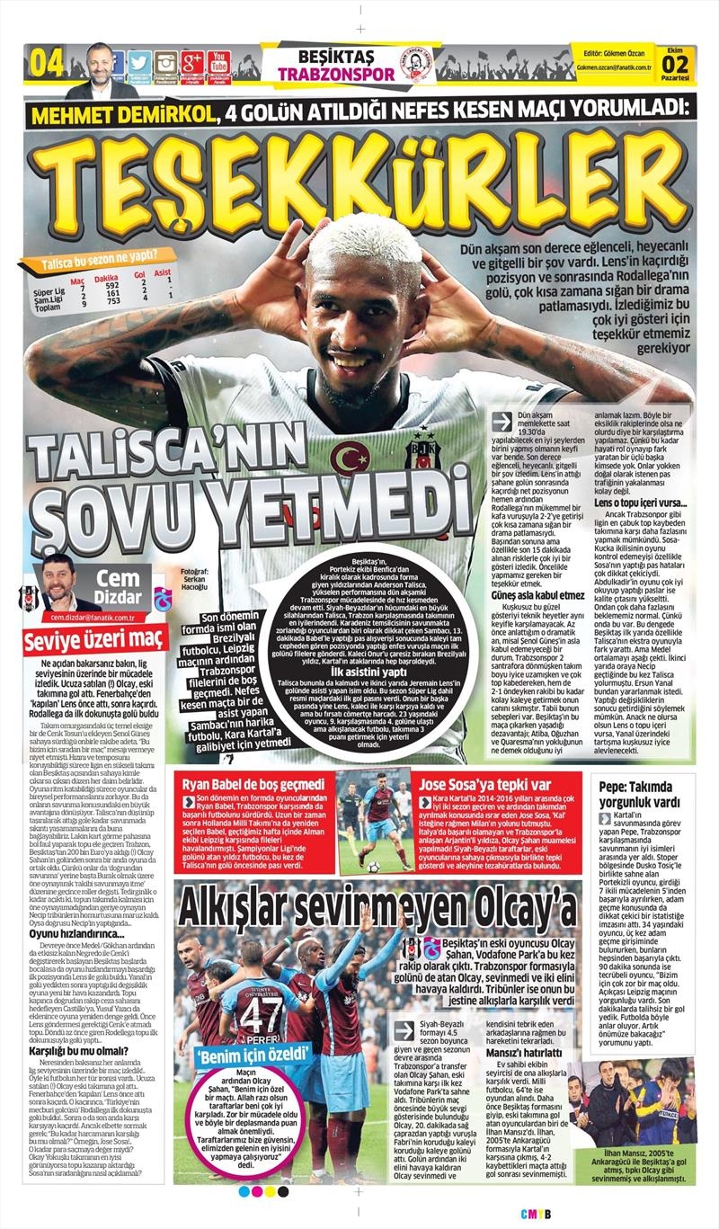 02 Ekim 2017 | Gazetelerin Beşiktaş Manşetleri - Görsel 11