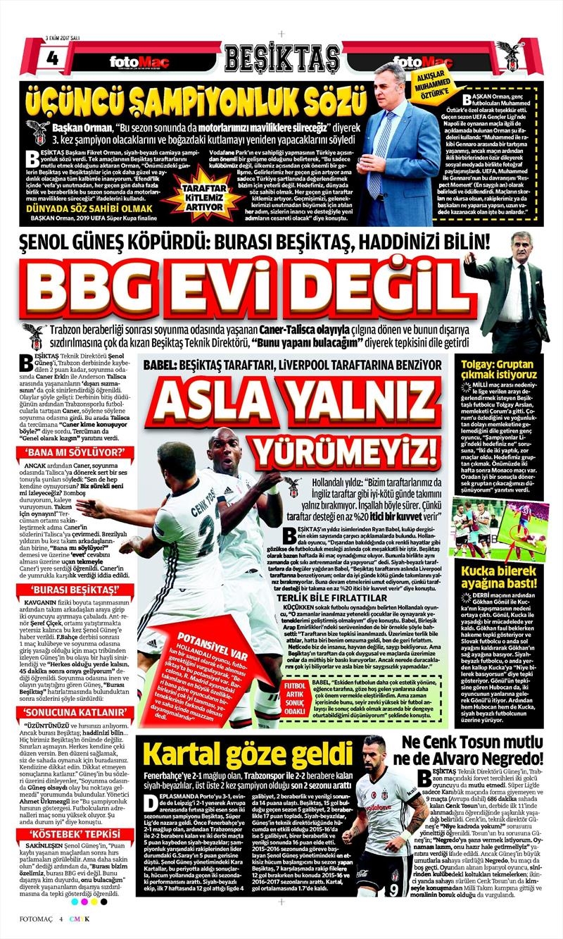 03 Ekim 2017 | Gazetelerin Beşiktaş Manşetleri - Görsel 8