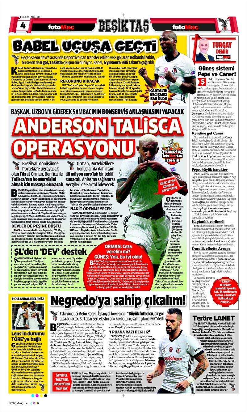 05 Ekim 2017 | Gazetelerin Beşiktaş Manşetleri - Görsel 6