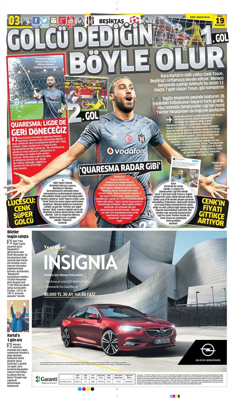 19 Ekim 2017 | İşte gazetelerin Beşiktaş manşetleri - Görsel 1
