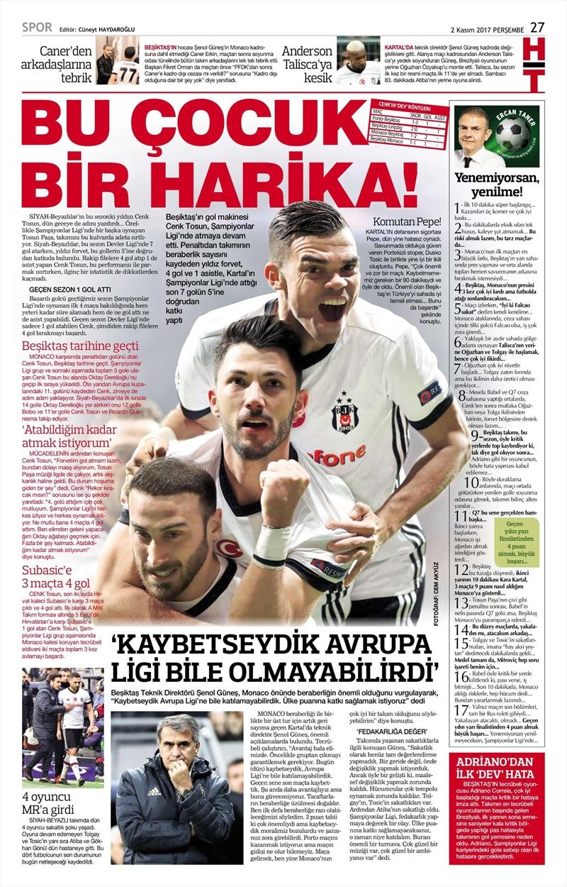 2 Kasım 2017 | Gazetelerin Beşiktaş Manşetleri - Görsel 18