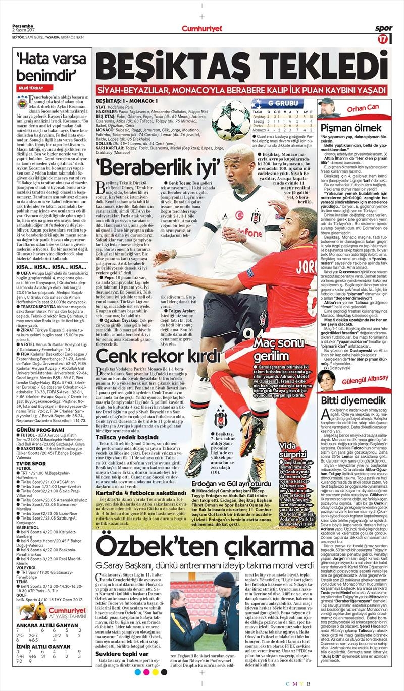 2 Kasım 2017 | Gazetelerin Beşiktaş Manşetleri - Görsel 7