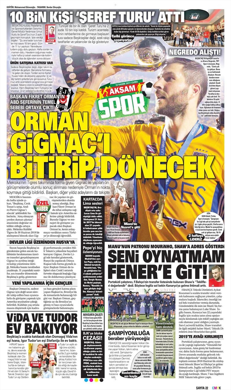 10 Kasım 2017 | Gazetelerin Beşiktaş Manşetleri - Görsel 1