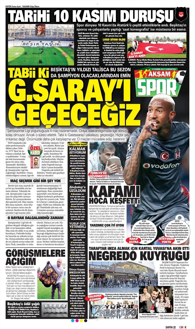 11 Kasım 2017 | Gazetelerin Beşiktaş Manşetleri - Görsel 1