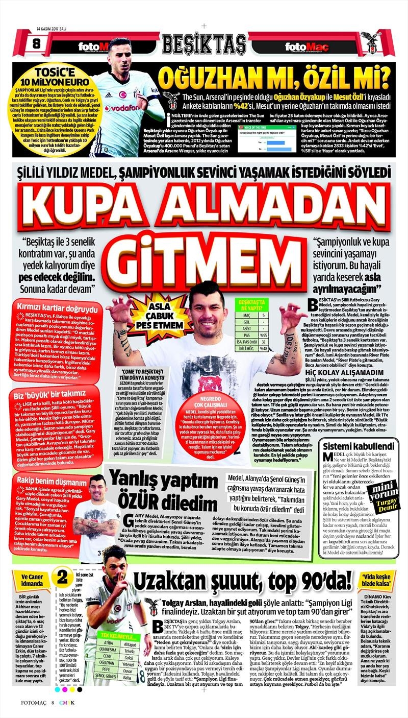 14 Kasım 2017 | Gazetelerin Beşiktaş Manşetleri - Görsel 3