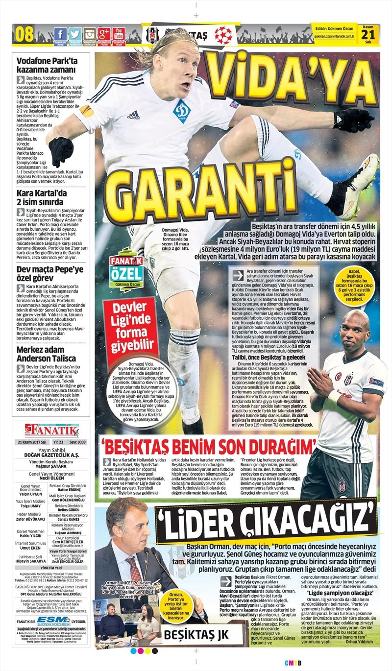 21 Kasım 2017 | Gazetelerin Beşiktaş Manşetleri - Görsel 1
