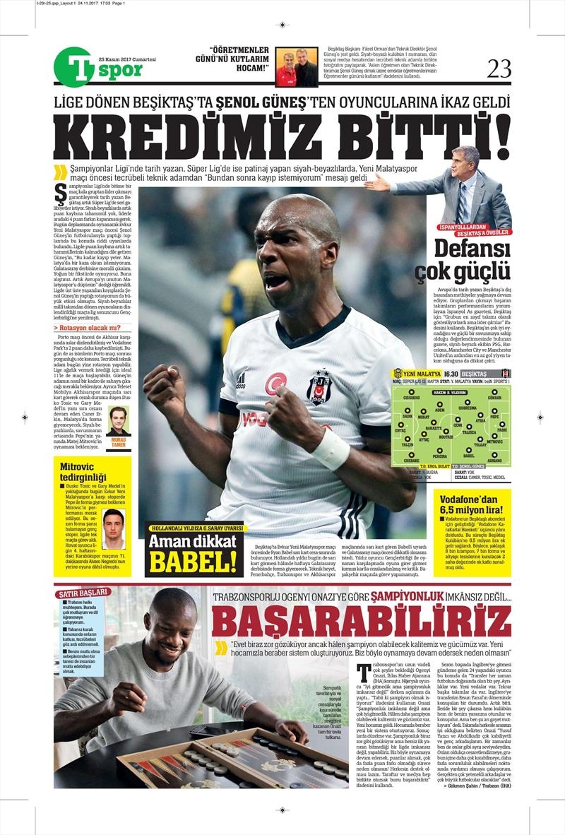25 Kasım 2017 | Gazetelerin Beşiktaş Manşetleri - Görsel 10