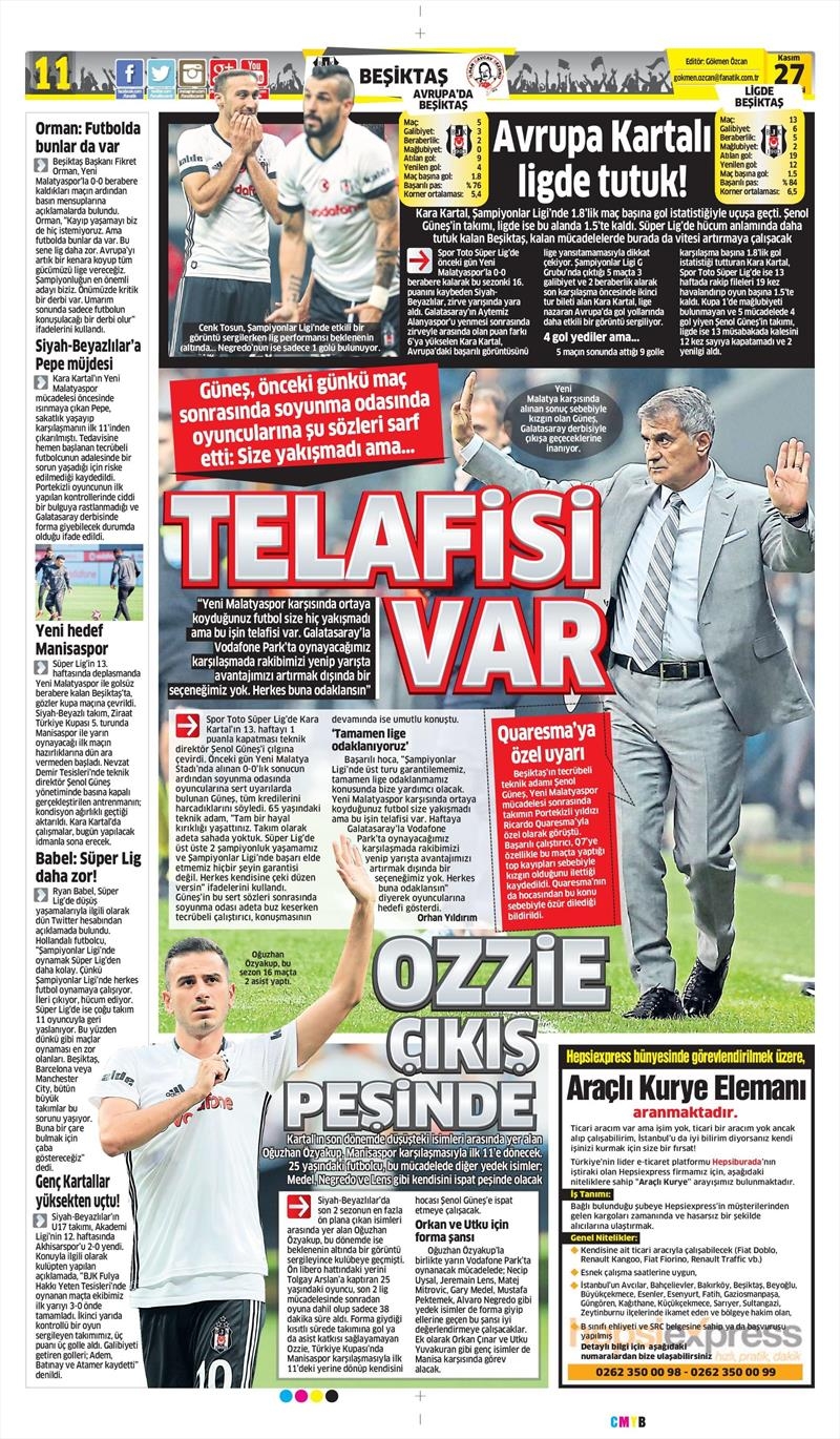 27 Kasım 2017 | Gazetelerin Beşiktaş Manşetleri - Görsel 1