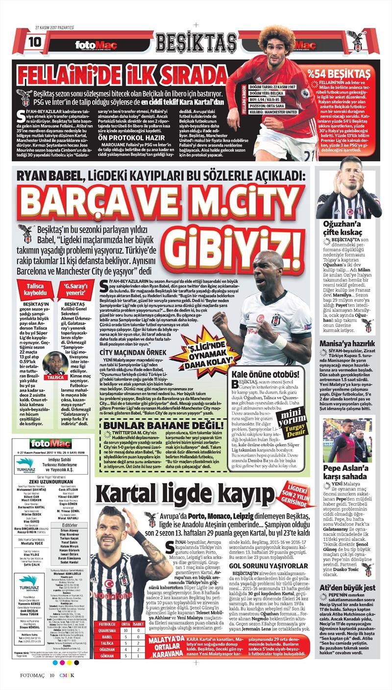 27 Kasım 2017 | Gazetelerin Beşiktaş Manşetleri - Görsel 2