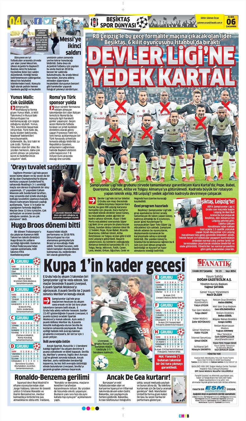 6 Aralık 2017 | Gazetelerin Beşiktaş Manşetleri - Görsel 1