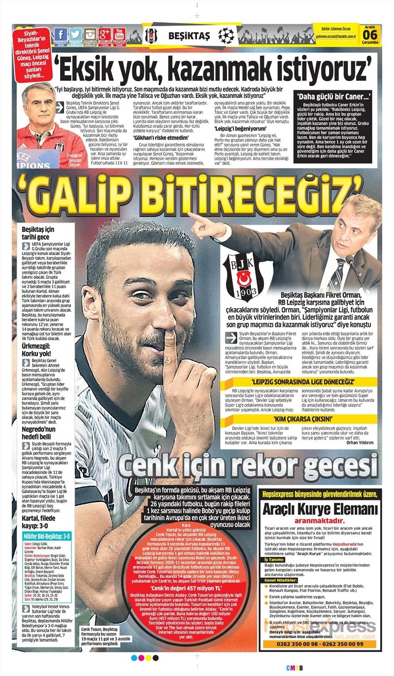6 Aralık 2017 | Gazetelerin Beşiktaş Manşetleri - Görsel 2