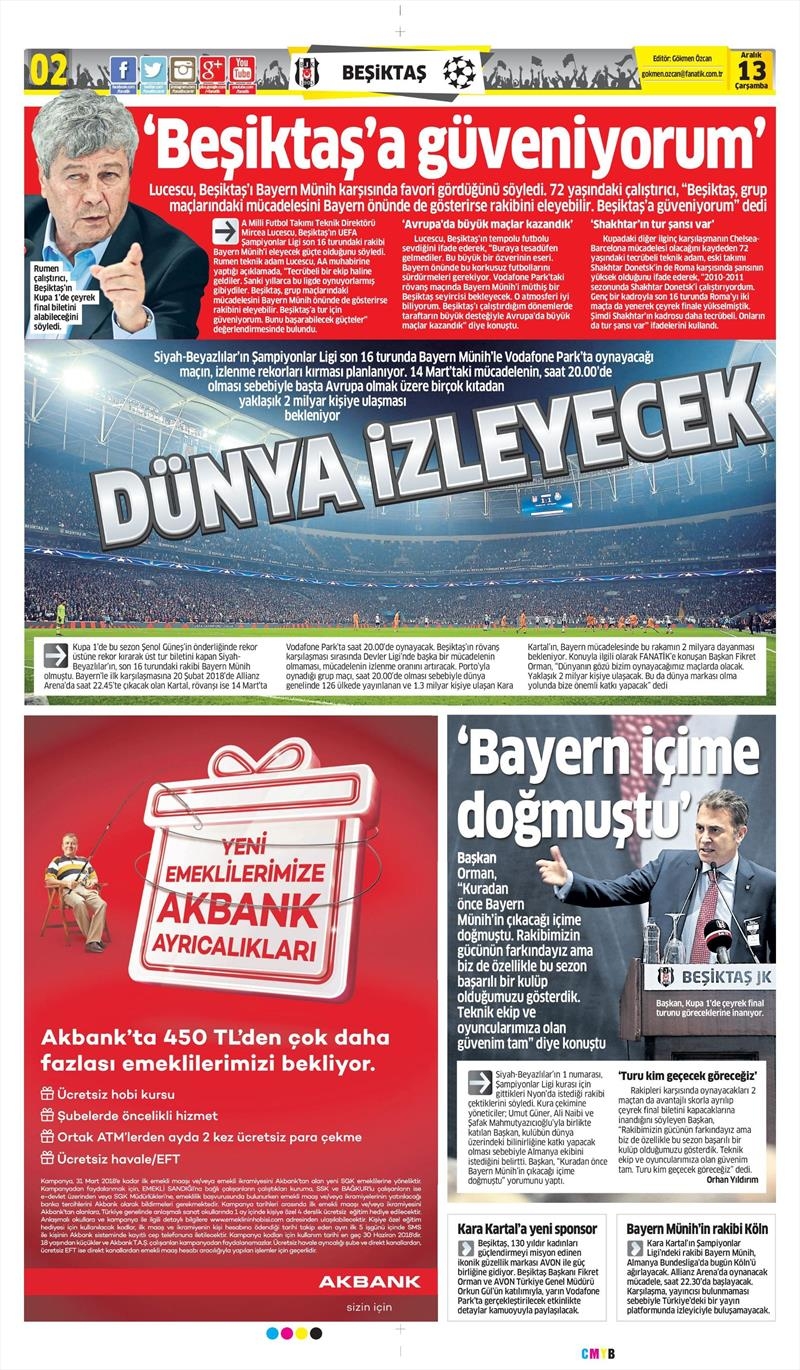 13 Aralık 2017 | Gazetelerin Beşiktaş Manşetleri - Görsel 1