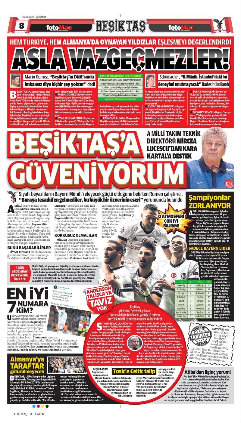 13 Aralık 2017 | Gazetelerin Beşiktaş Manşetleri - Görsel 4