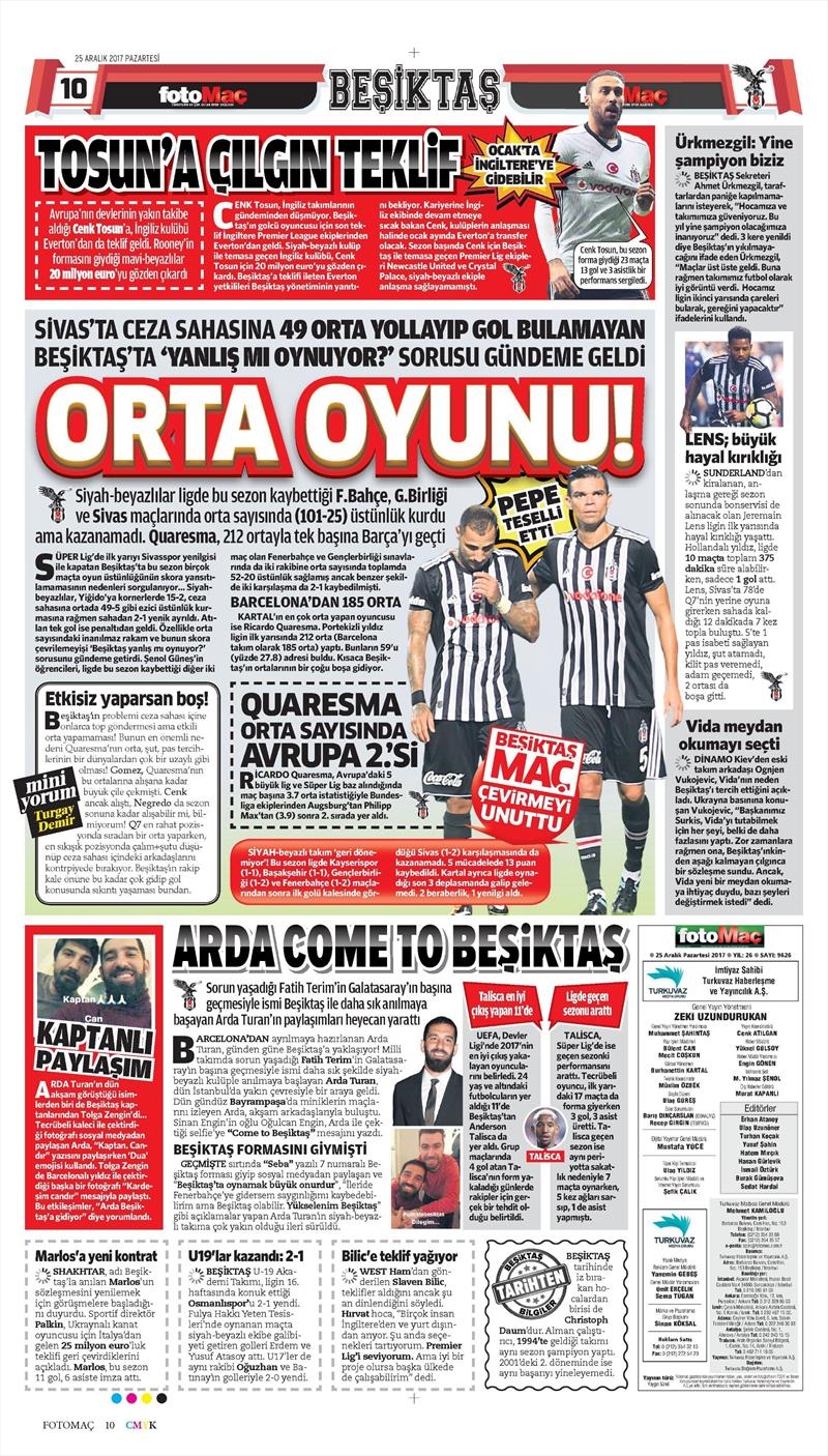 25 Aralık 2017 | Gazetelerin Beşiktaş Manşetleri - Görsel 3