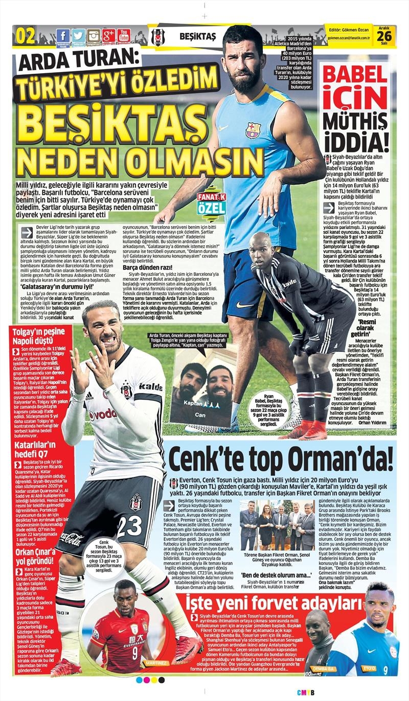 26 Aralık 2017 | Gazetelerin Beşiktaş Manşetler - Görsel 1