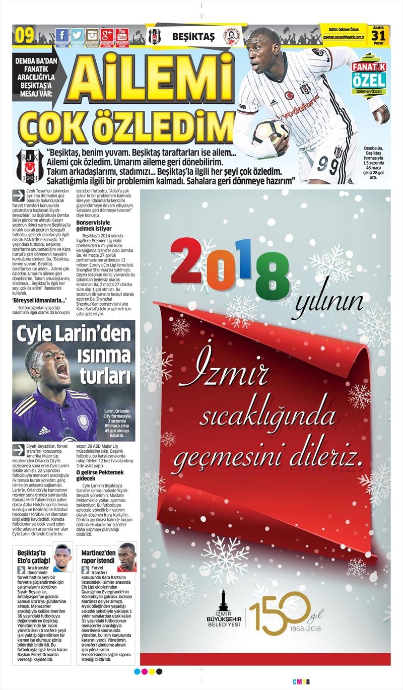 31 Aralık 2017 | Gazetelerin Beşiktaş Manşetleri - Görsel 2
