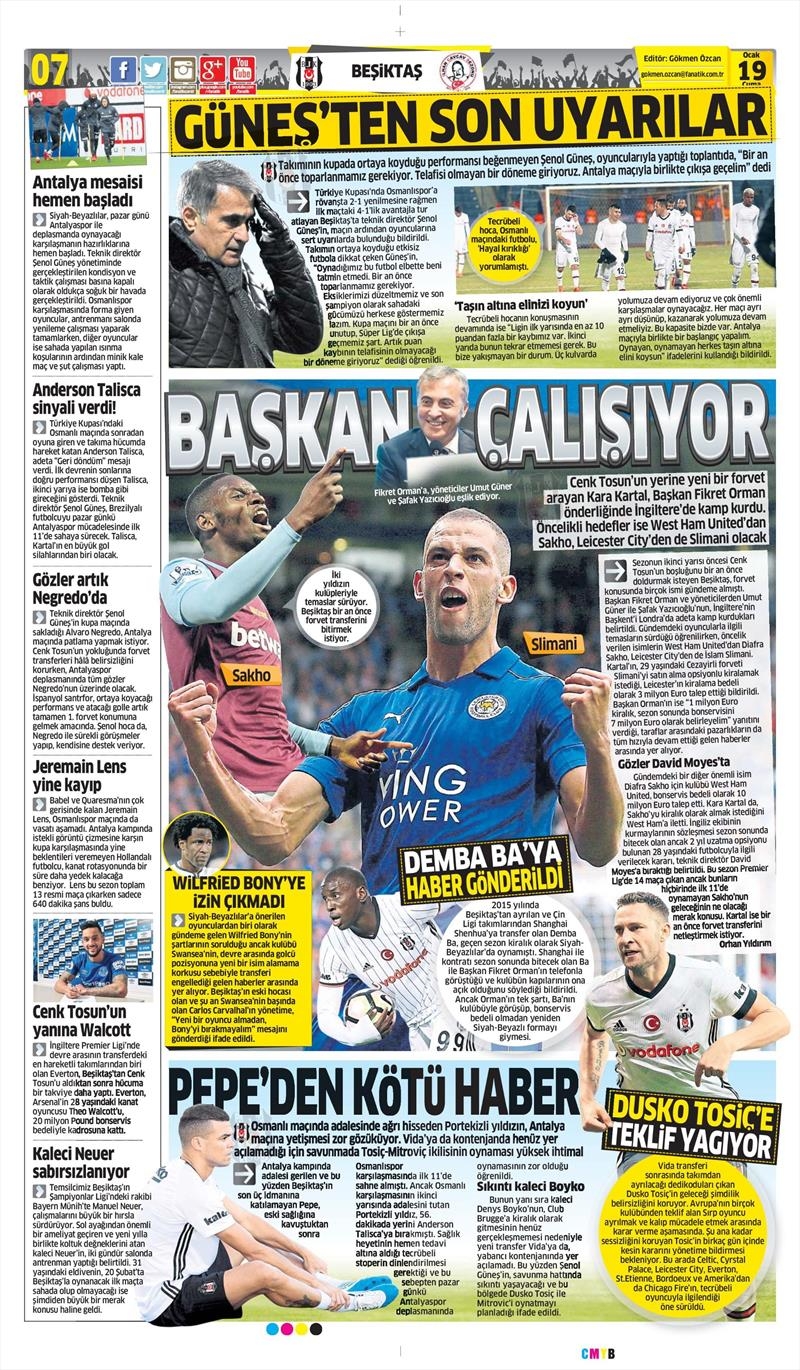 19 Ocak 2018 | Gazetelerin Beşiktaş Manşetleri - Görsel 1