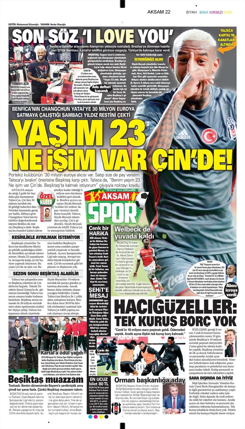 24 Ocak 2018 | Gazetelerin Beşiktaş Manşetleri - Görsel 2