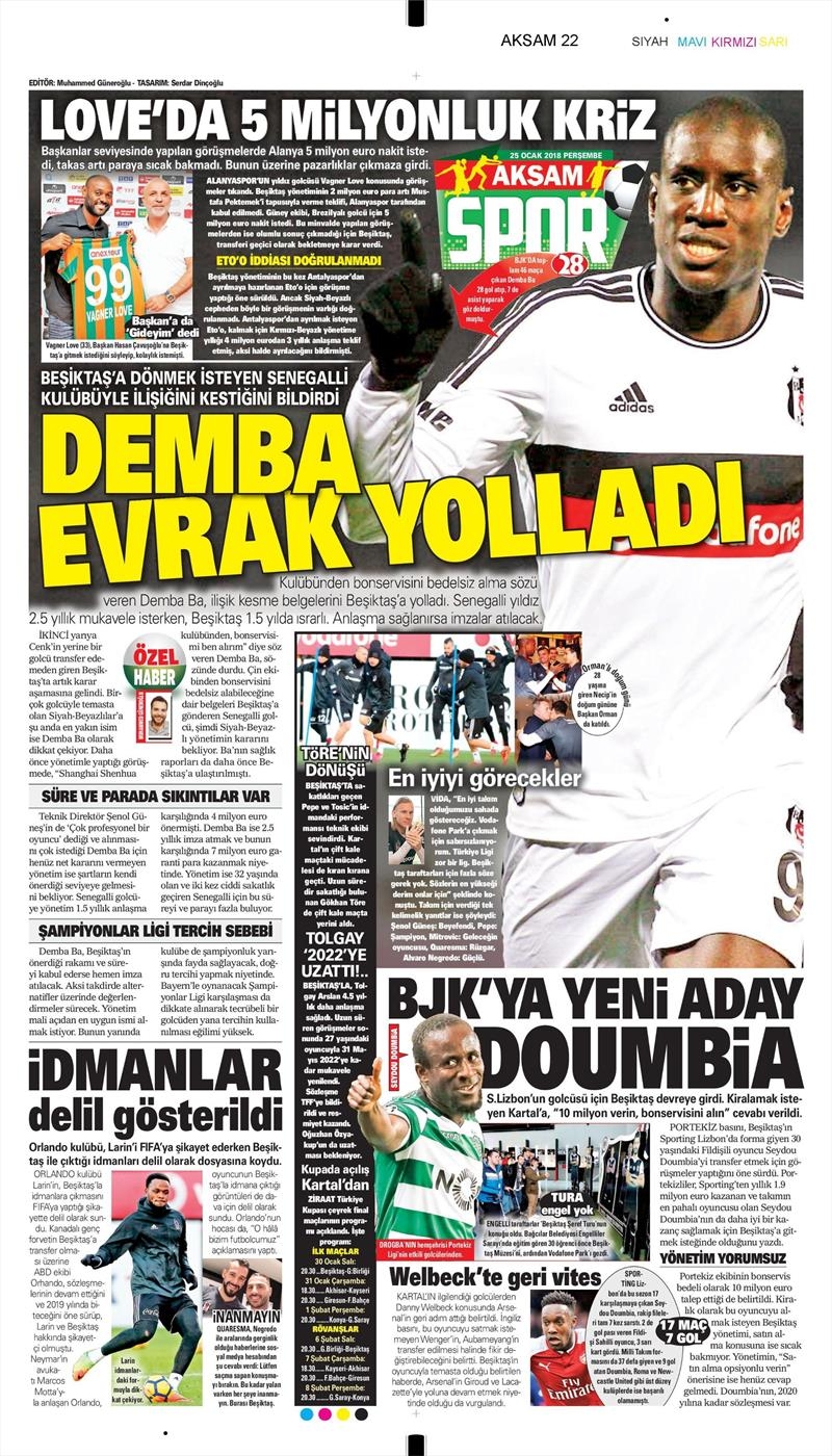 25 Ocak 2018 | Gazetelerin Beşiktaş Manşetleri - Görsel 1