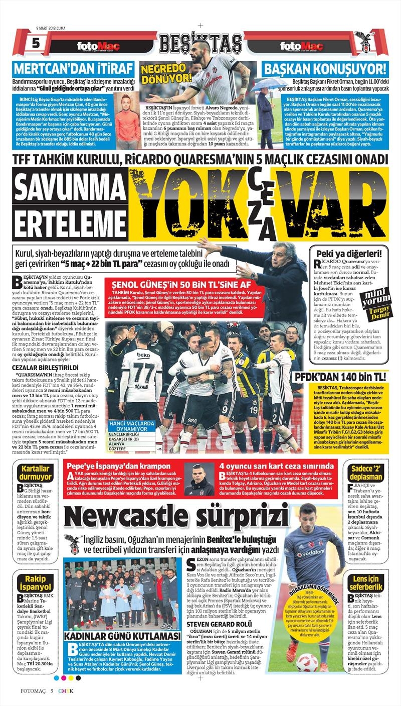 09 Mart 2018 | Gazetelerin Beşiktaş Manşetleri - Görsel 5