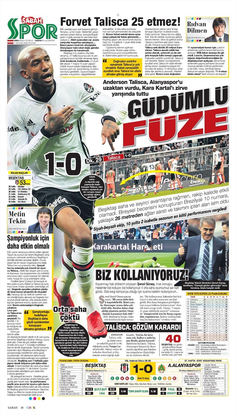 1 Nisan 2018 | Gazetelerin Beşiktaş Manşetleri - Görsel 18