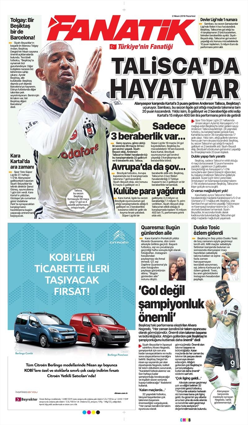 2 Nisan 2018 | Gazetelerin Beşiktaş Manşetleri - Görsel 1