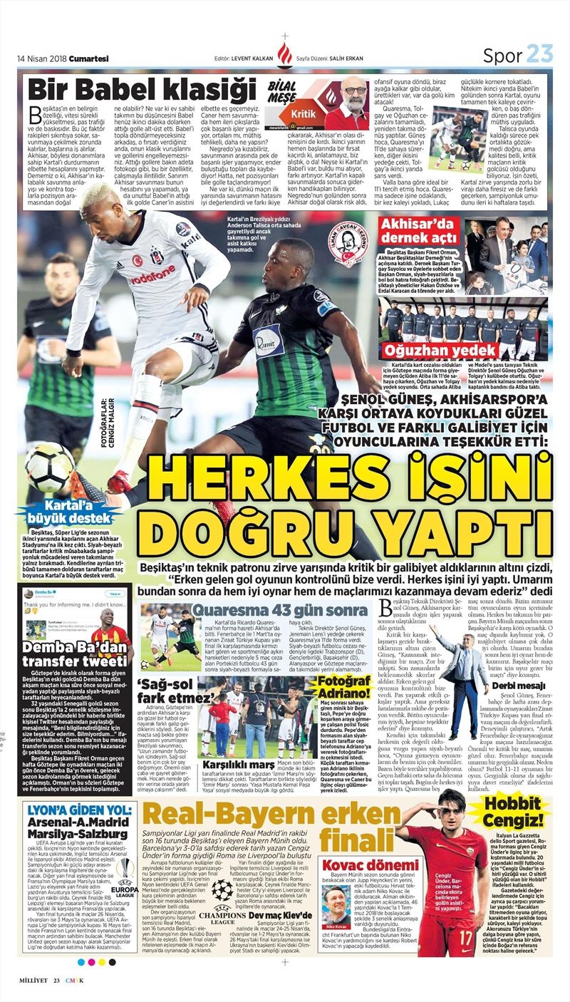 14 Nisan 2018 | Gazetelerin Beşiktaş Manşetleri - Görsel 25