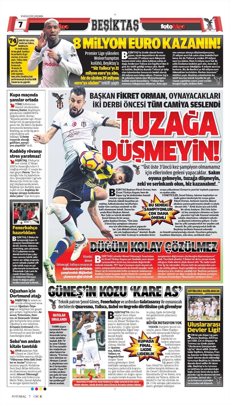 18 Nisan 2018 | Gazetelerin Beşiktaş Manşetleri - Görsel 6