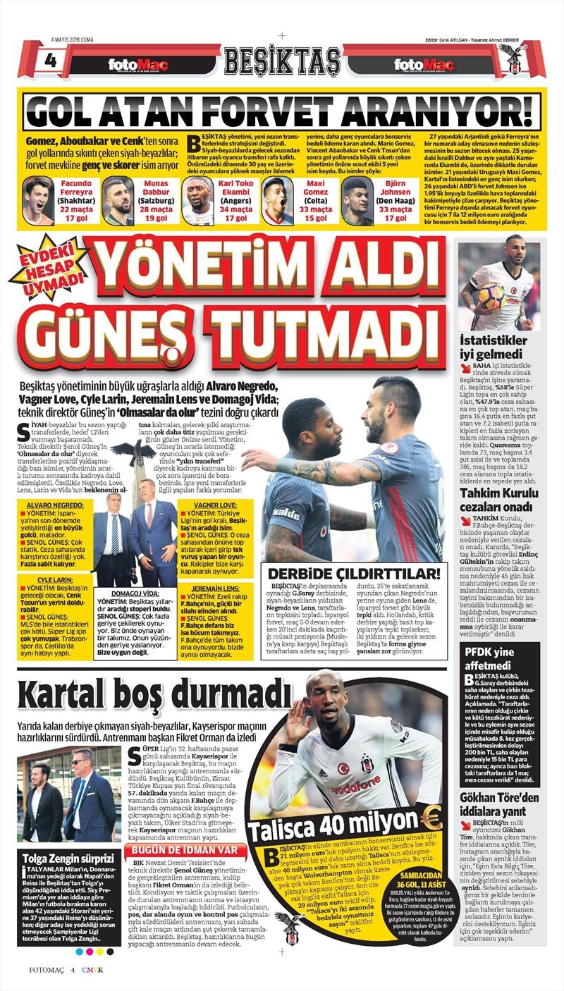 4 Mayıs 2018 | Gazetelerin Beşiktaş Manşetleri - Görsel 5