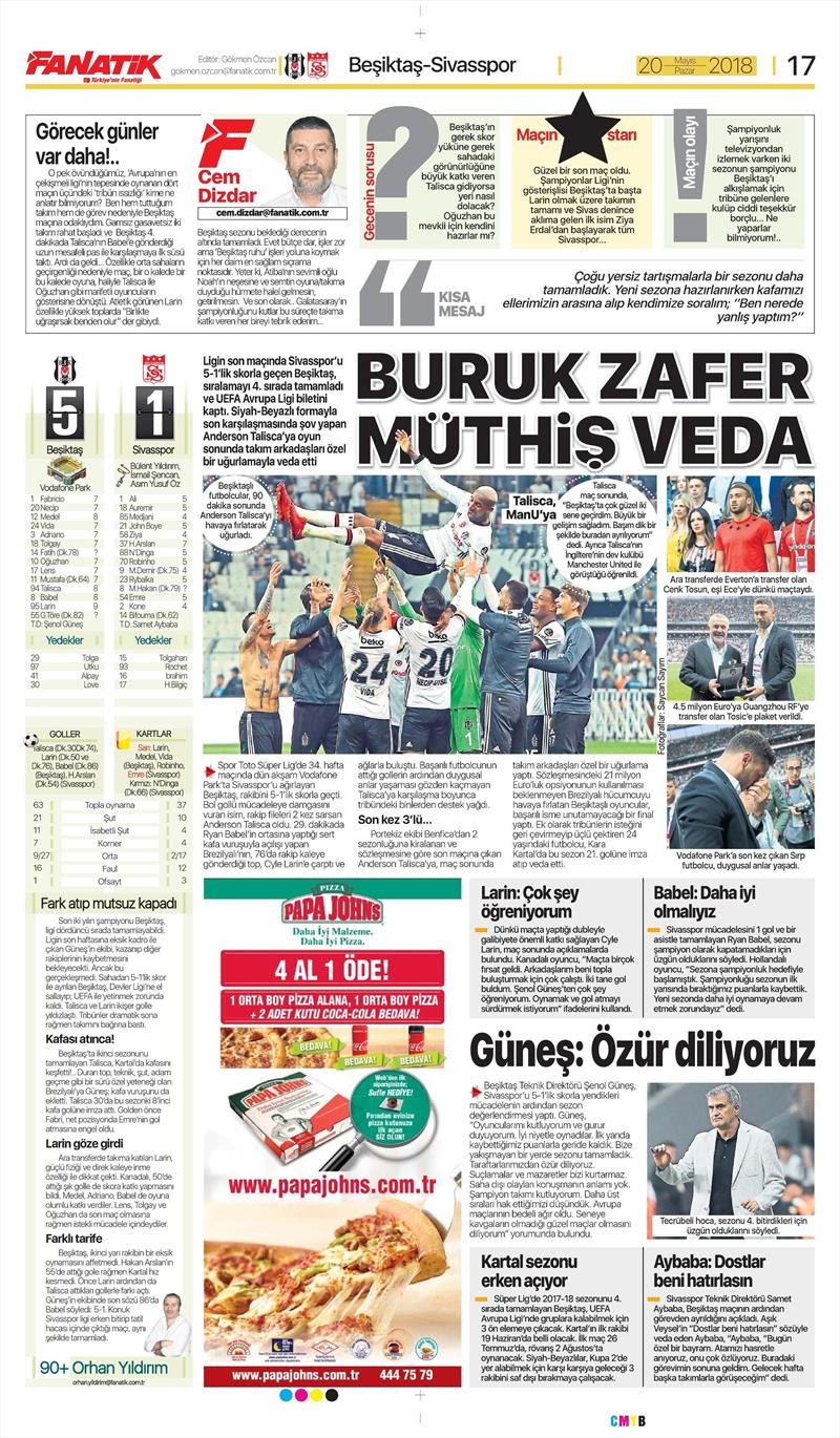 20 Mayıs 2018 | Gazetelerin Beşiktaş Manşetleri - Görsel 1