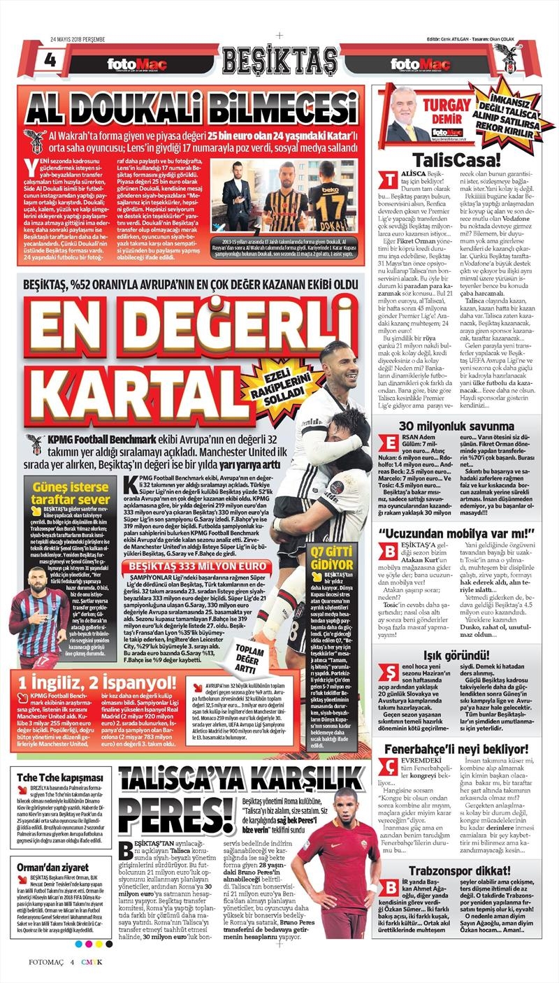 24 Mayıs 2018 | Gazetelerin Beşiktaş Manşetleri - Görsel 6