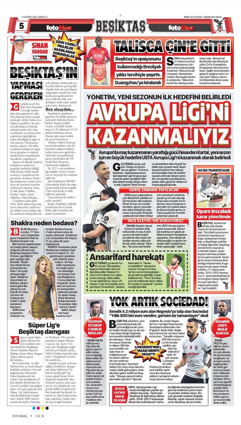 9 Haziran 2018 | Gazetelerin Beşiktaş Manşetleri - Görsel 5