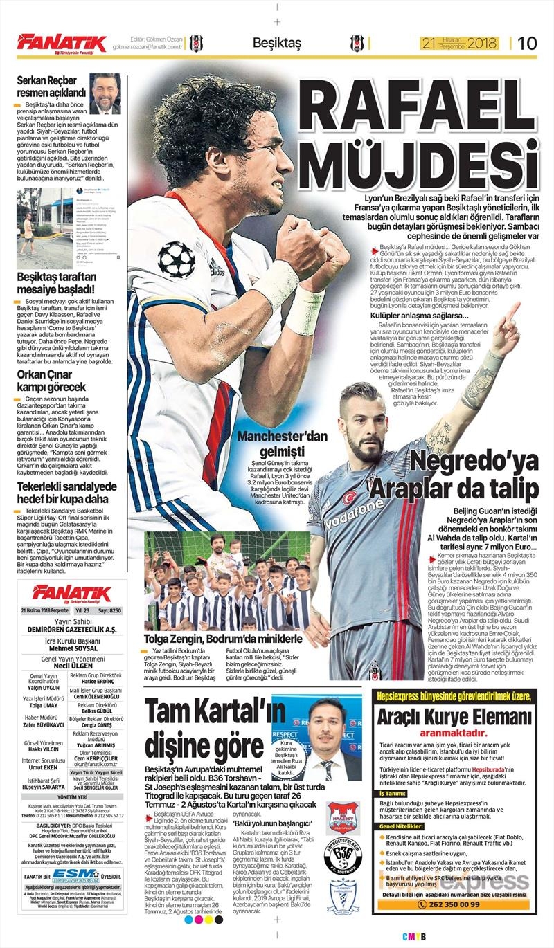 21 Haziran 2018 | Gazetelerin Beşiktaş Manşetleri - Görsel 1