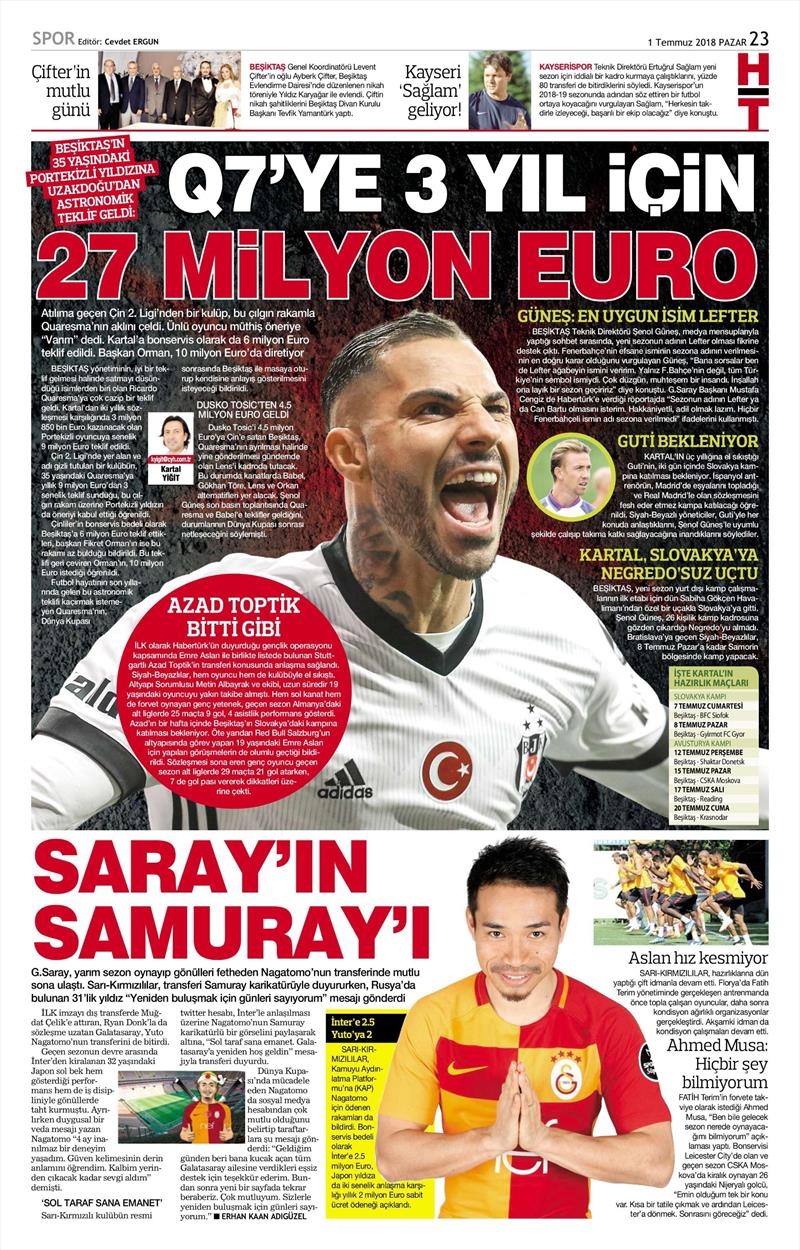 1 Temmuz 2018 | Gazetelerin Beşiktaş Manşetleri - Görsel 3