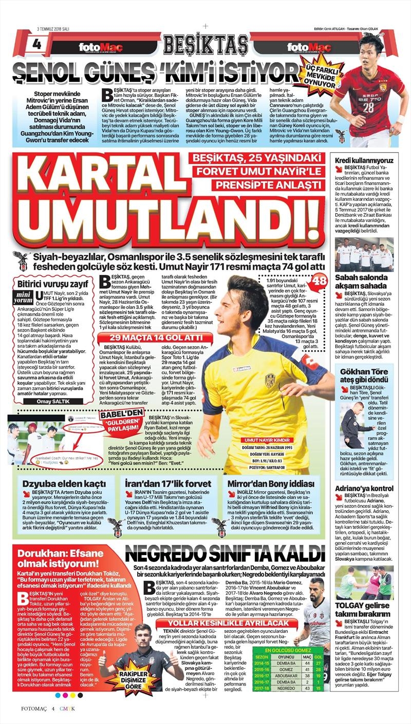 3 Temmuz 2018 | Gazetelerin Beşiktaş Manşetleri - Görsel 4