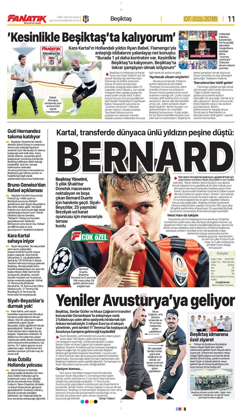7 Temmuz 2018 | Gazetelerin Beşiktaş Manşetleri - Görsel 1