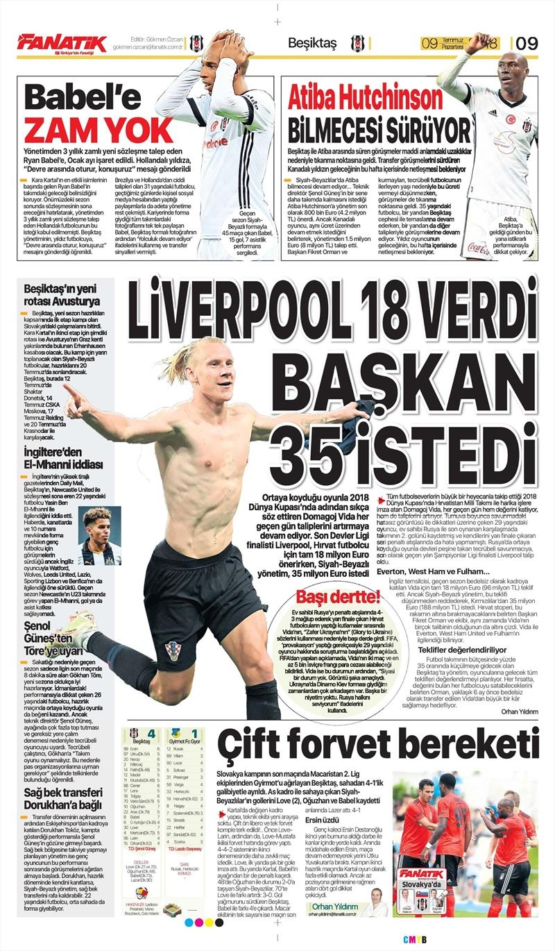 9 Temmuz 2018 | Gazetelerin Beşiktaş Manşetleri - Görsel 1