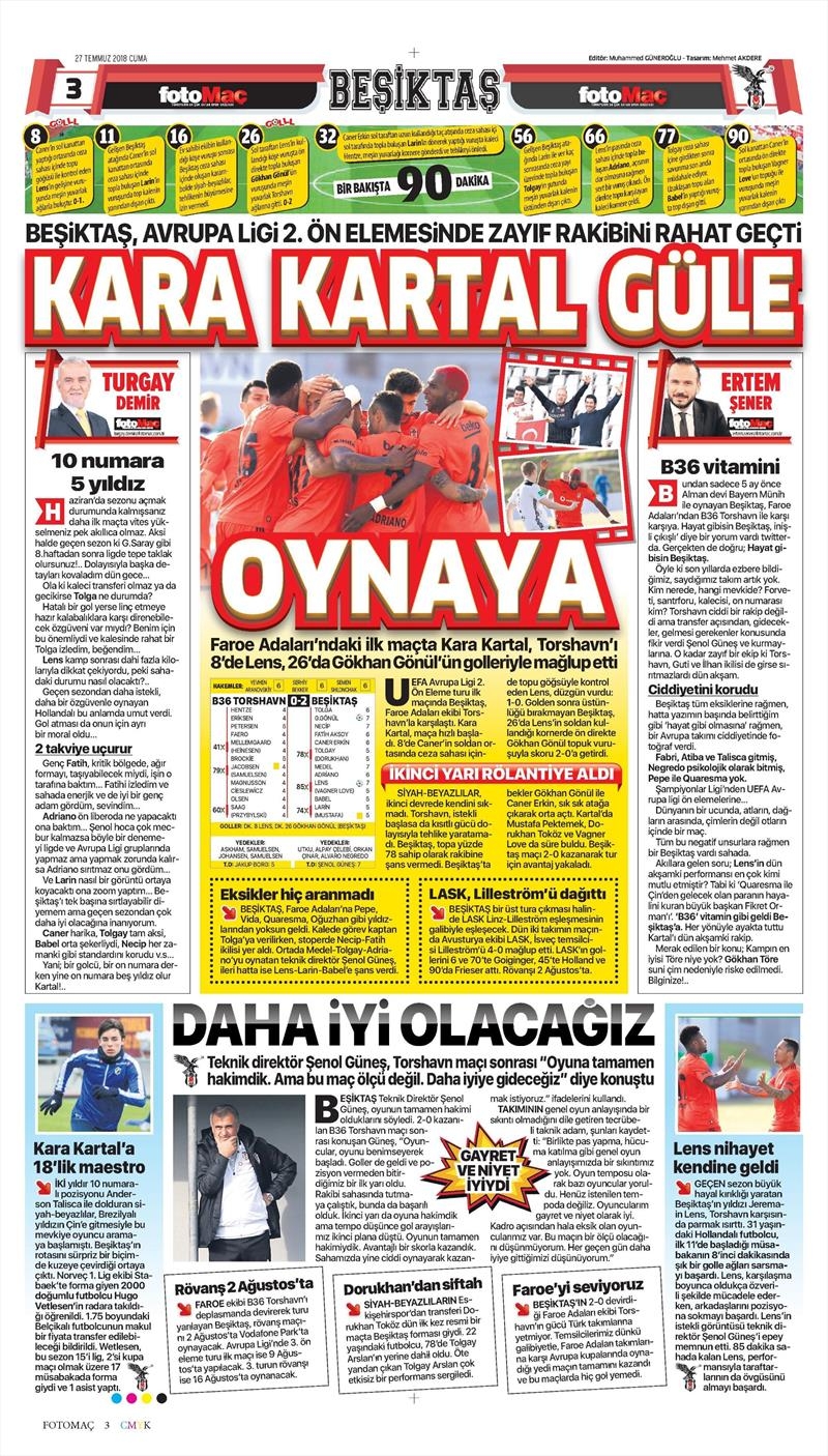 27 Temmuz 2018 | Gazetelerin Beşiktaş Manşetleri - Görsel 16
