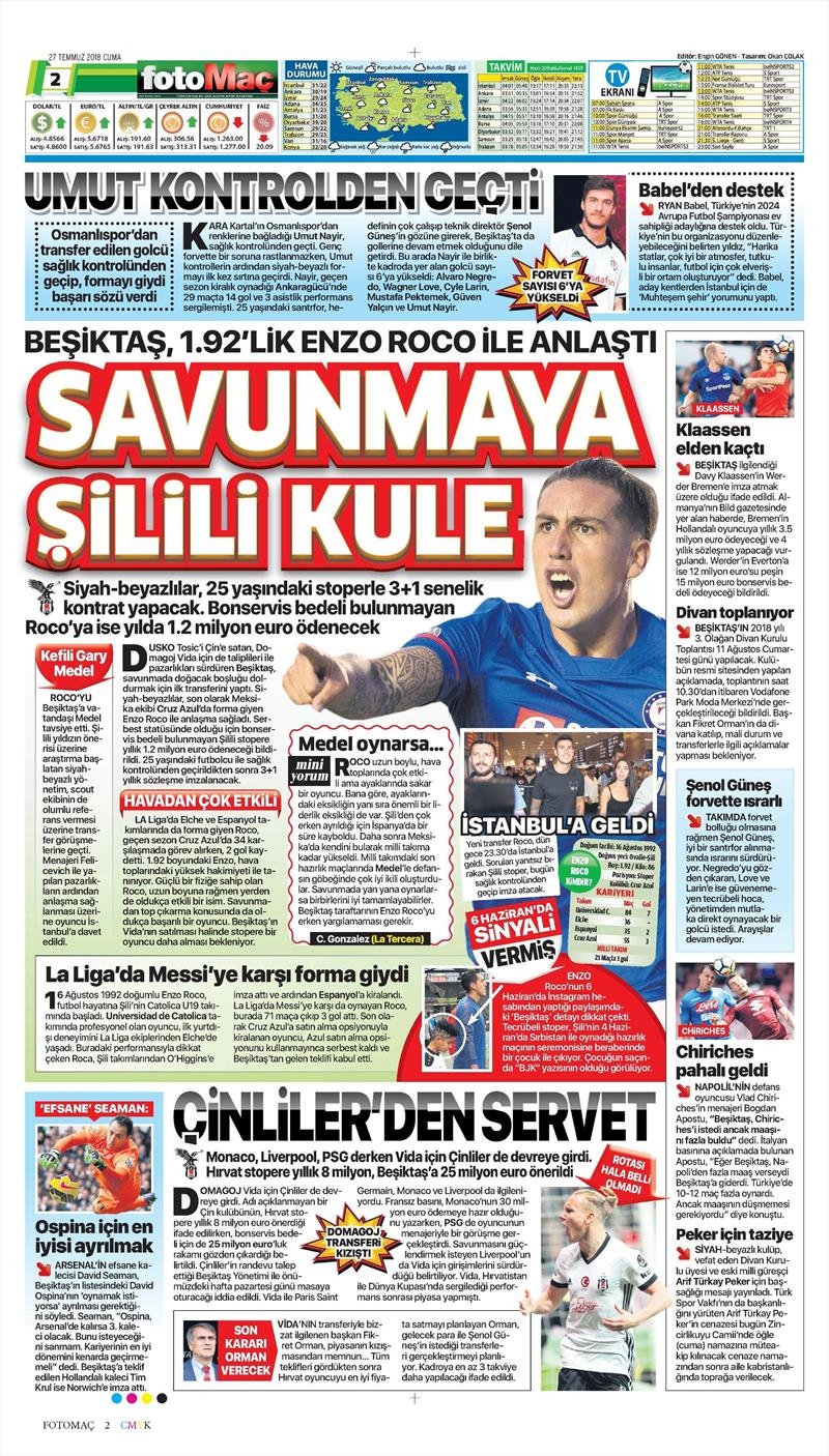 27 Temmuz 2018 | Gazetelerin Beşiktaş Manşetleri - Görsel 17
