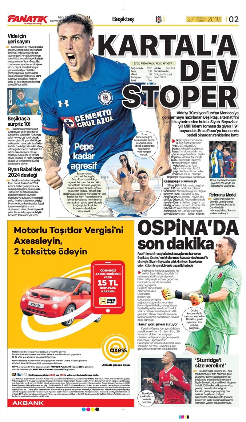 27 Temmuz 2018 | Gazetelerin Beşiktaş Manşetleri - Görsel 3