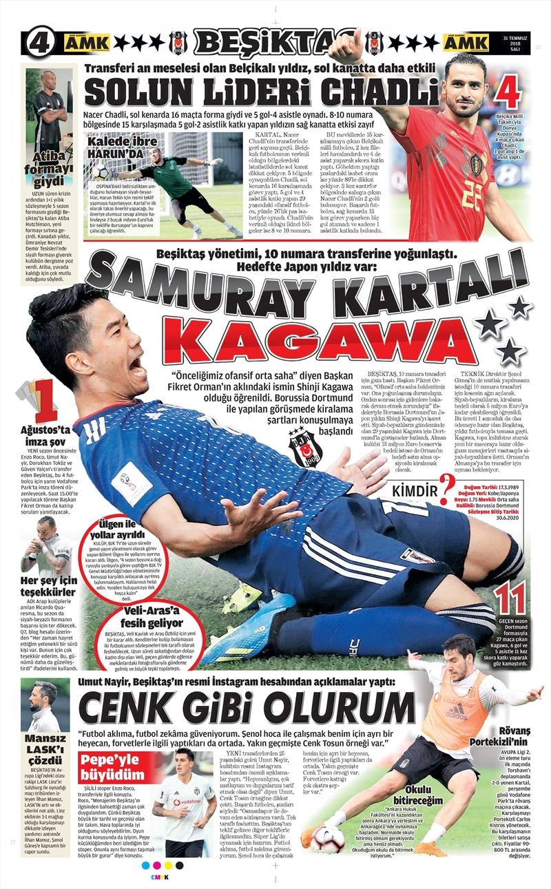 31 Temmuz 2018 | Gazetelerin Beşiktaş Manşetleri - Görsel 1