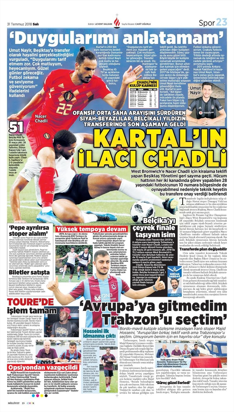 31 Temmuz 2018 | Gazetelerin Beşiktaş Manşetleri - Görsel 2