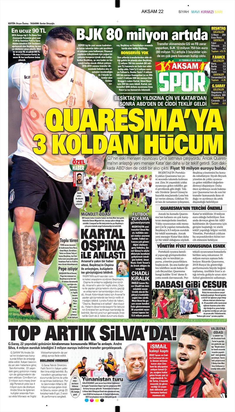 31 Temmuz 2018 | Gazetelerin Beşiktaş Manşetleri - Görsel 3