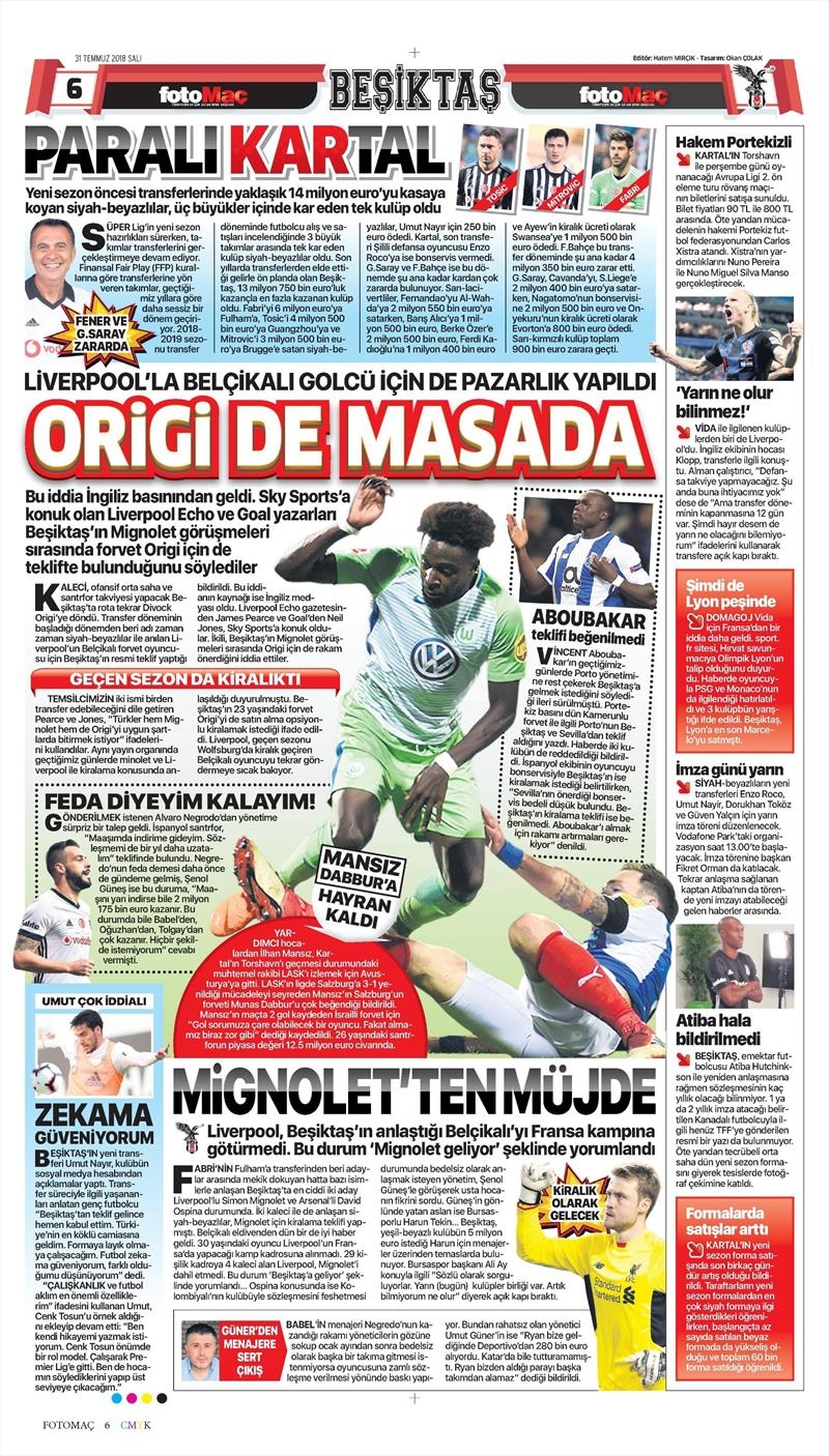 31 Temmuz 2018 | Gazetelerin Beşiktaş Manşetleri - Görsel 5