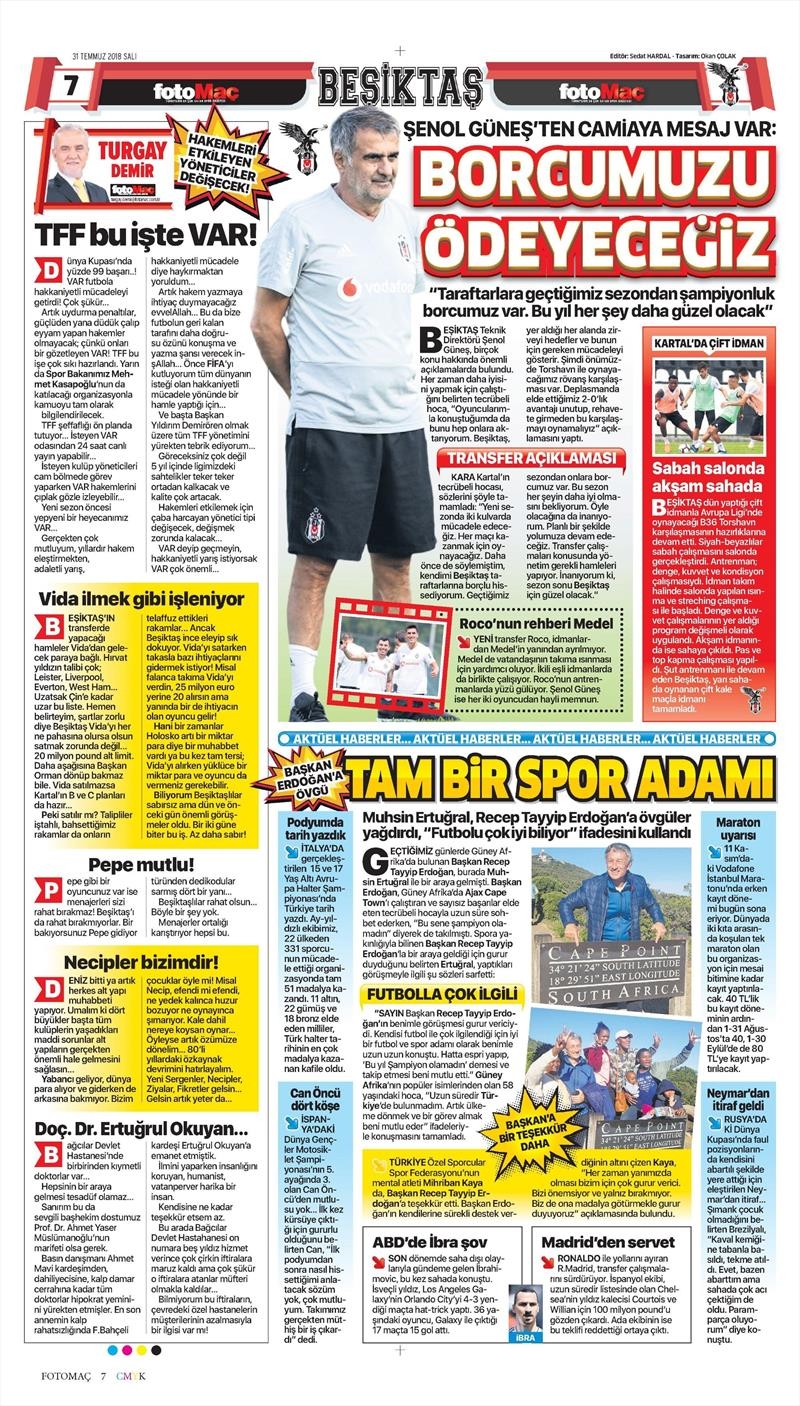 31 Temmuz 2018 | Gazetelerin Beşiktaş Manşetleri - Görsel 6