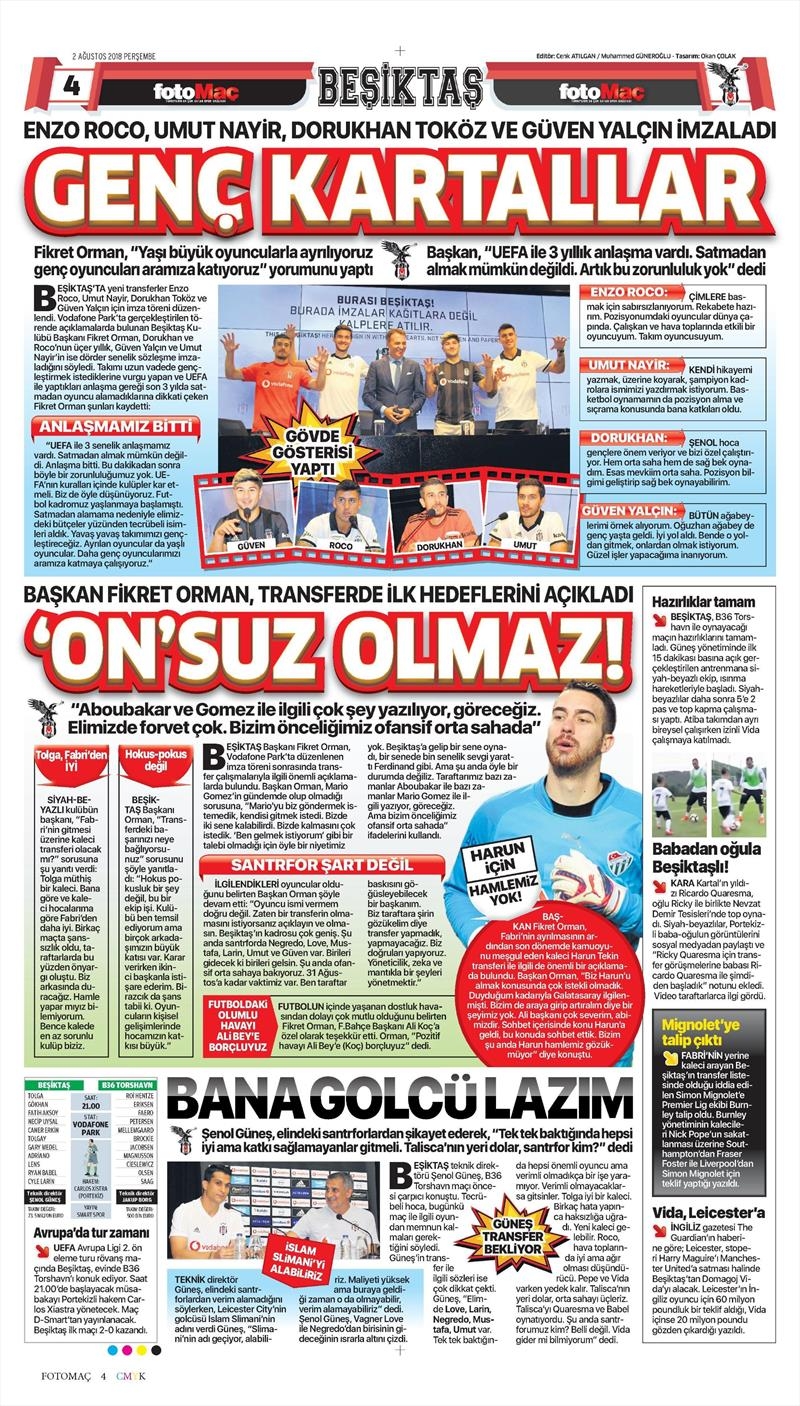 2 Ağustos 2018 | Gazetelerin Beşiktaş Manşetleri - Görsel 9