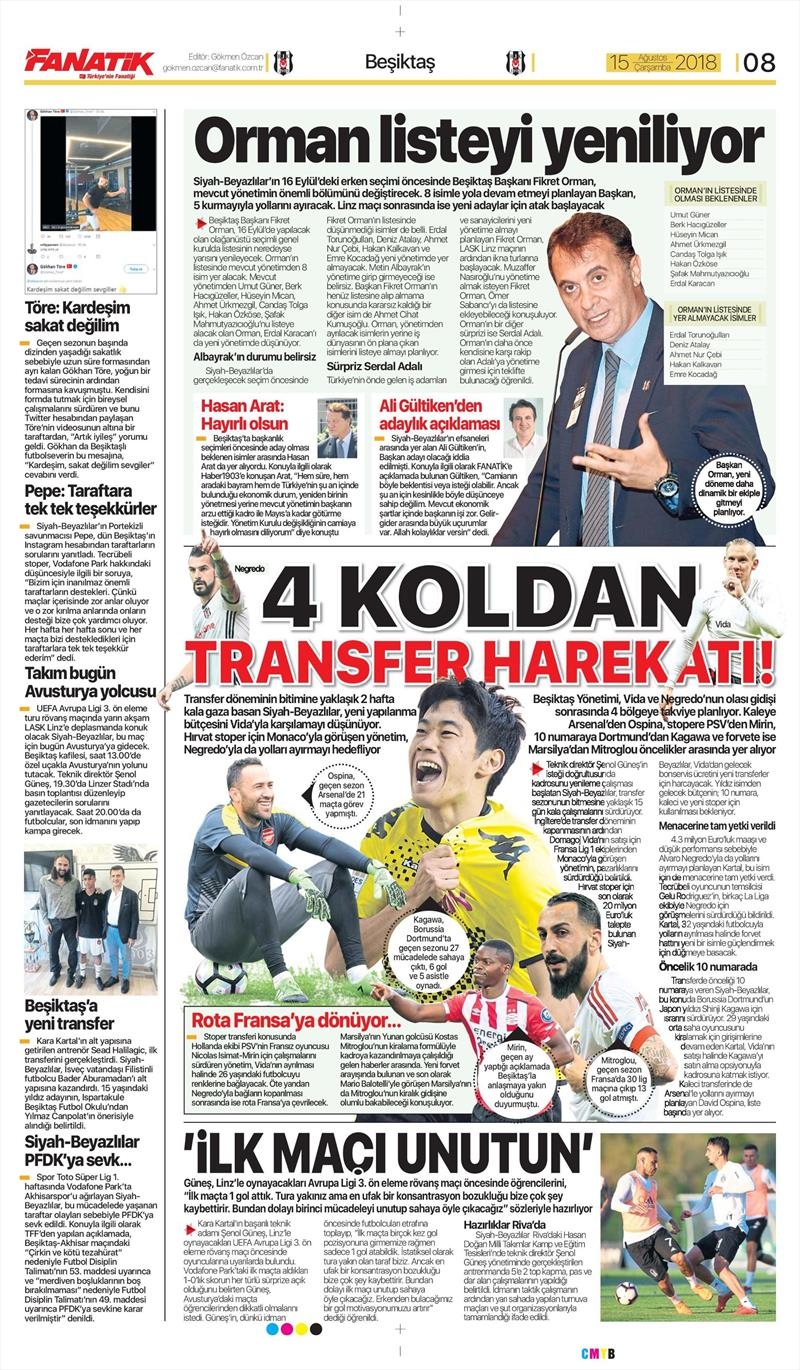 15 Ağustos 2018 | Gazetelerin Beşiktaş Manşetleri - Görsel 1